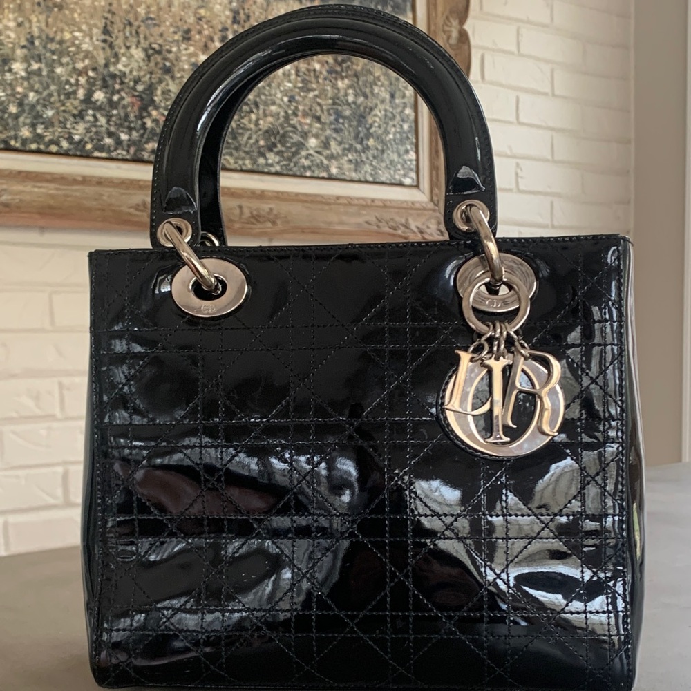 Authentic Lady Dior Black Patent Leather Handbag